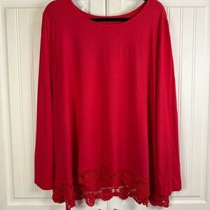 Red Long-Sleeve Top with Crochet Hem – Size 2XL